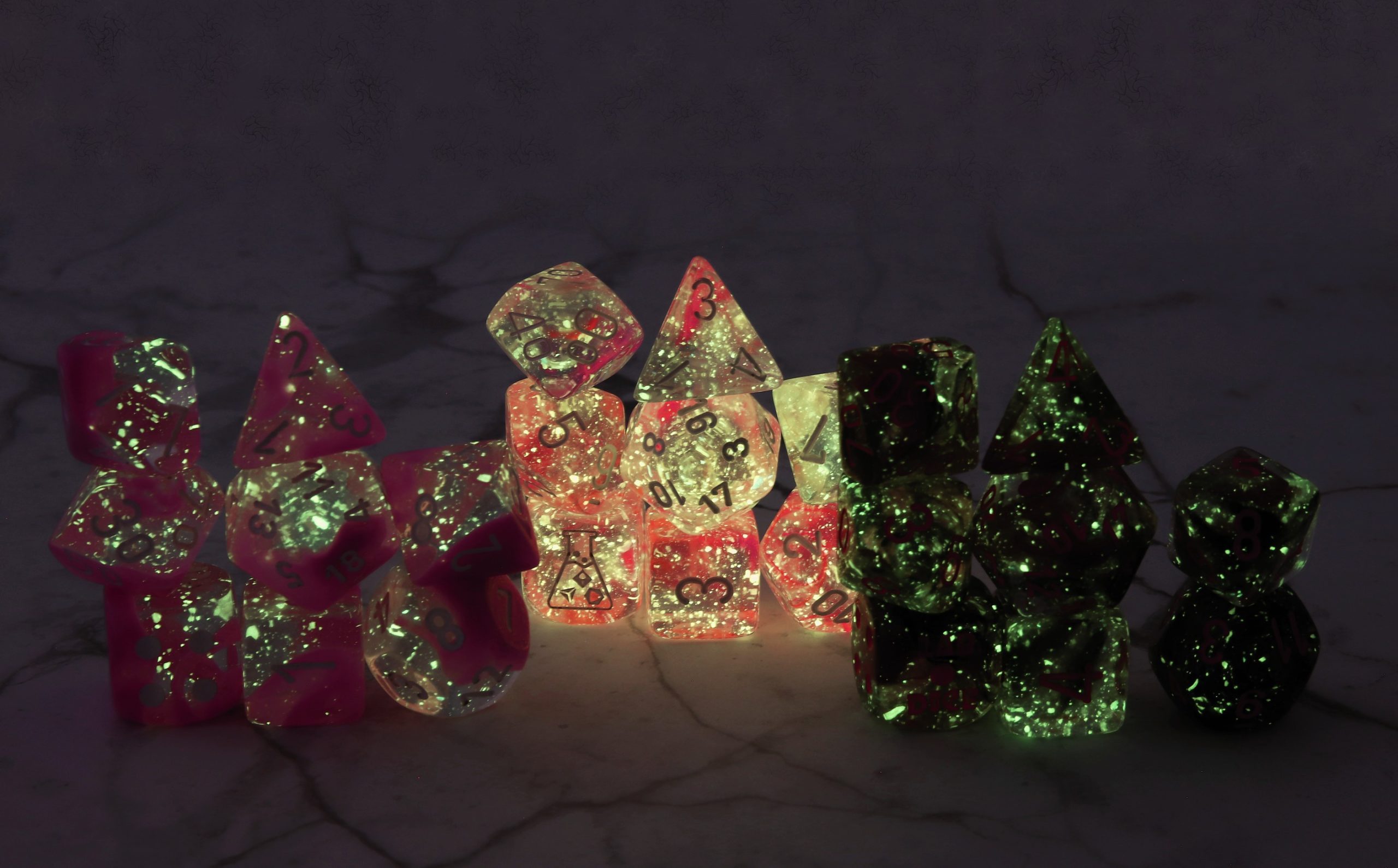 Chessex Luminary dice in the dark