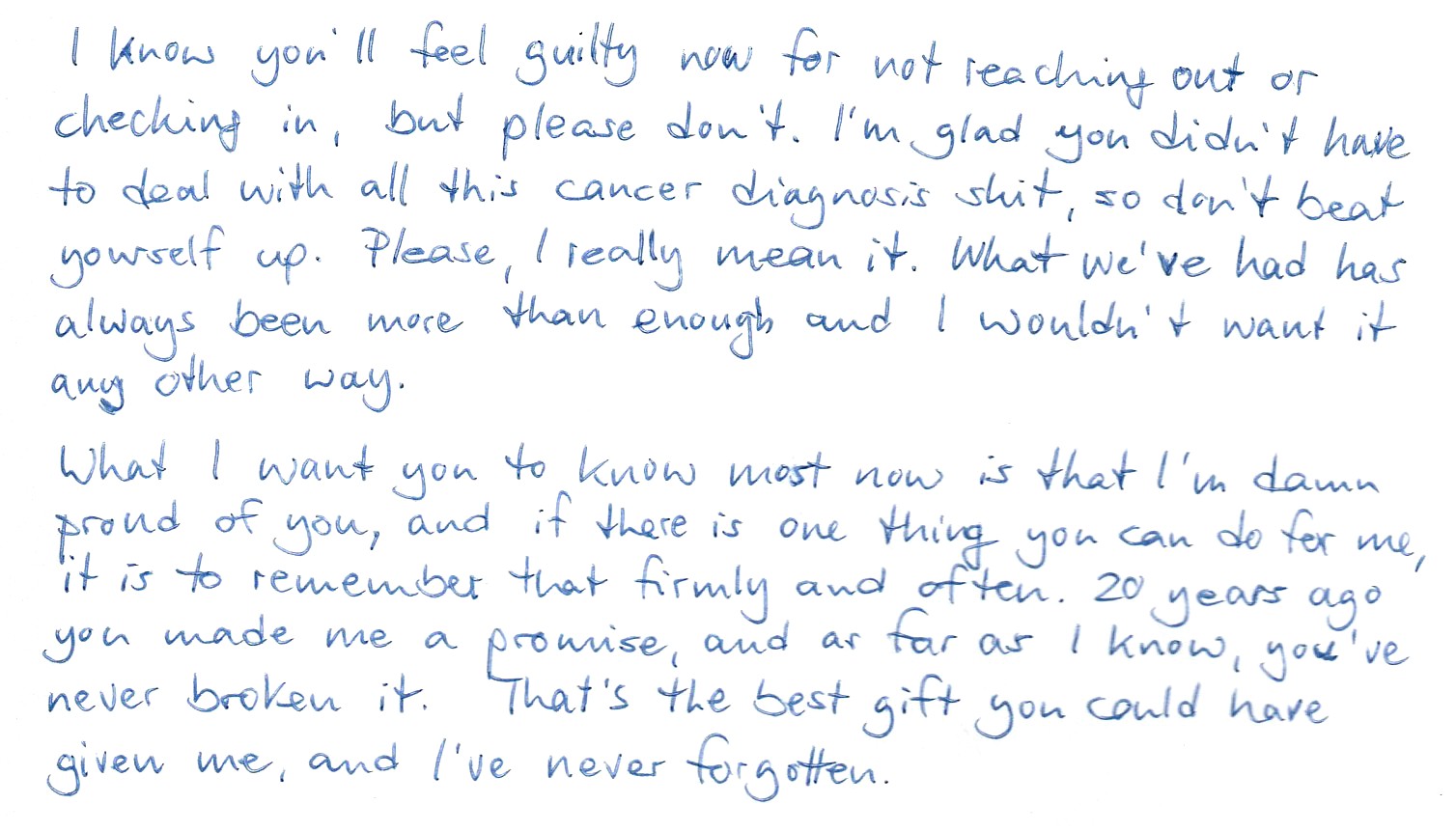 I know you’ll feel guilty now for not reaching out or checking in, but please don’t. I'm glad you didn't have to deal with all this cancer diagnosis shit, so don't beat yourself up. Please, I really mean it. What we've had has always been more than enough and I wouldn't want it any other way. What I want you to know most now is that I'm damn proud of you, and if there is one thing you can do for me, it is to remember that firmly and often. 20 years ago you made me a promise, and as far as I know, you've never broken it. That's the best gift you could have given me, and I've never forgotten.